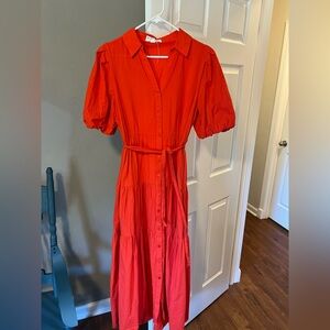 Women’s red button up maxi dress with tie